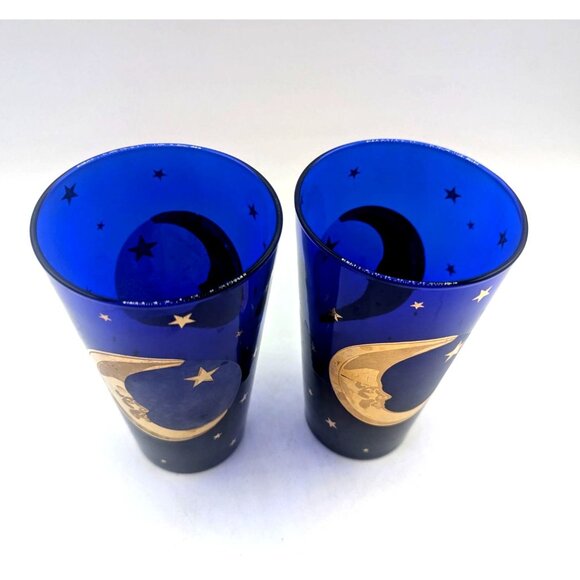 Vintage Culver Blue Glasses With Gold Moon & Stars Design - Set Of 2 Made In USA - Picture 3 of 6